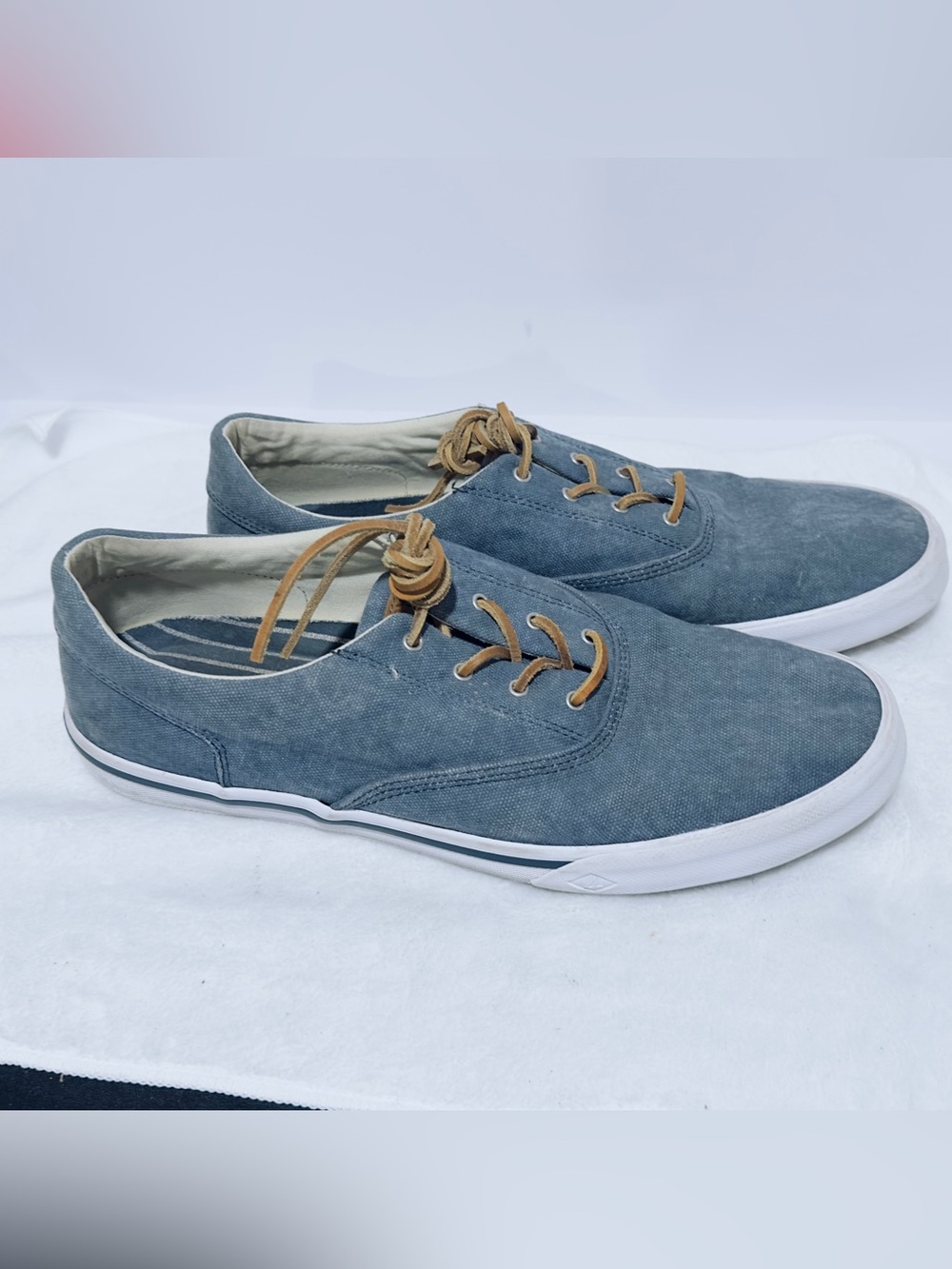 Sperry Men's Preppy Denim Blue Canvas Shoes with Tan Leather Laces Size 13